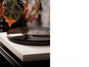 Platine vinyle en fonctionnement avec feuillage en arrière-plan