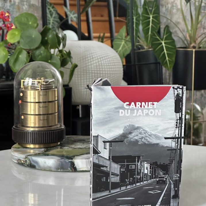 Livre photo Carnet du Japon, zine artisanal relié à la main, posé sur une table avec des plantes en arrière-plan