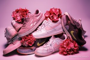 Baskets empilées avec fleurs roses