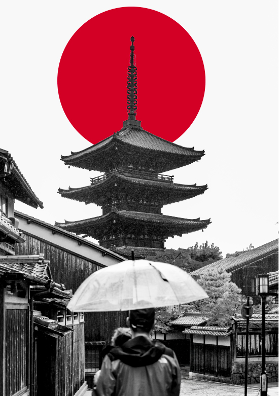 Couverture de Carnet du Japon : pagode en noir et blanc devant un grand disque rouge