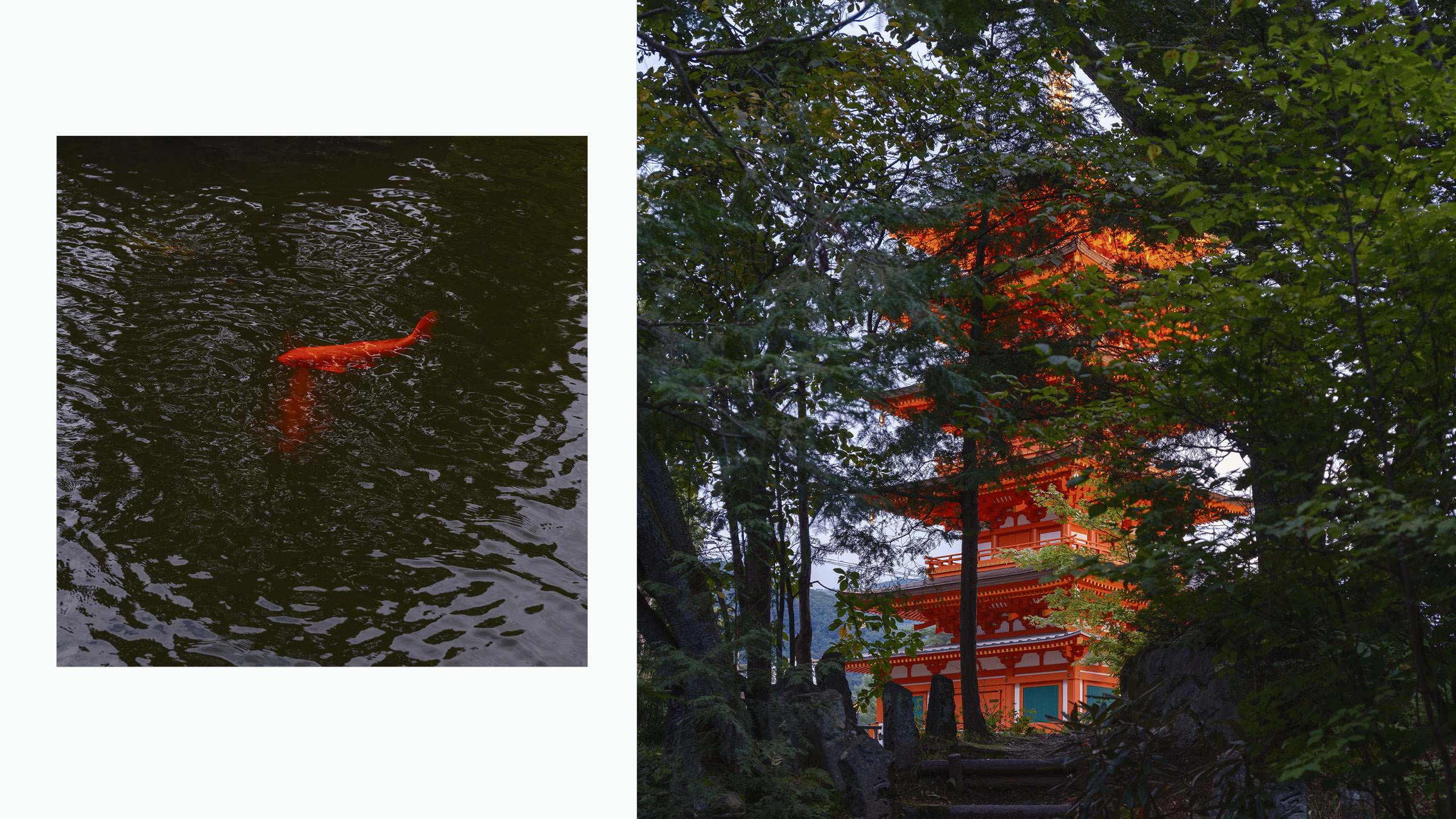 Diptyque japonais associant une carpe rouge et une pagode orange entre les arbres