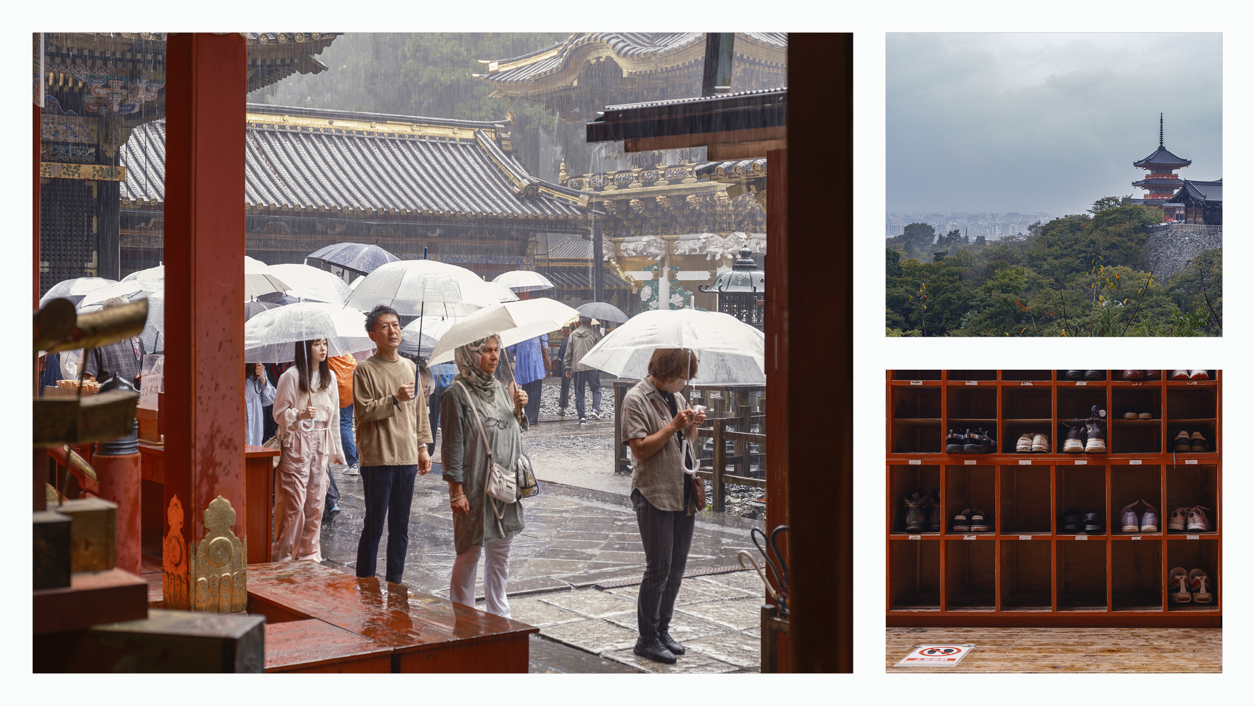 Temple japonais sous la pluie avec parapluies et visiteurs
