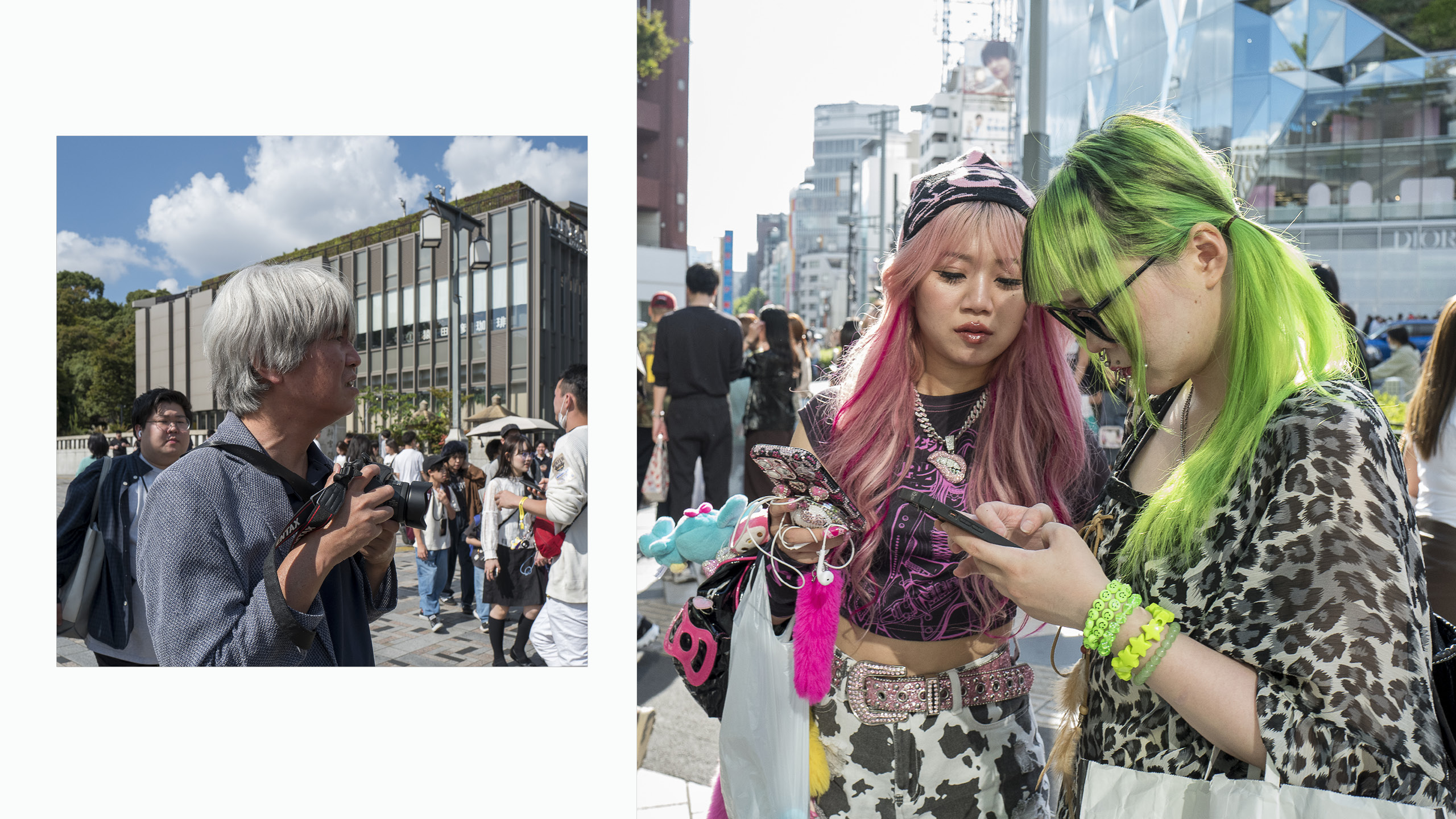 Scène de rue à Tokyo avec silhouettes et cheveux colorés