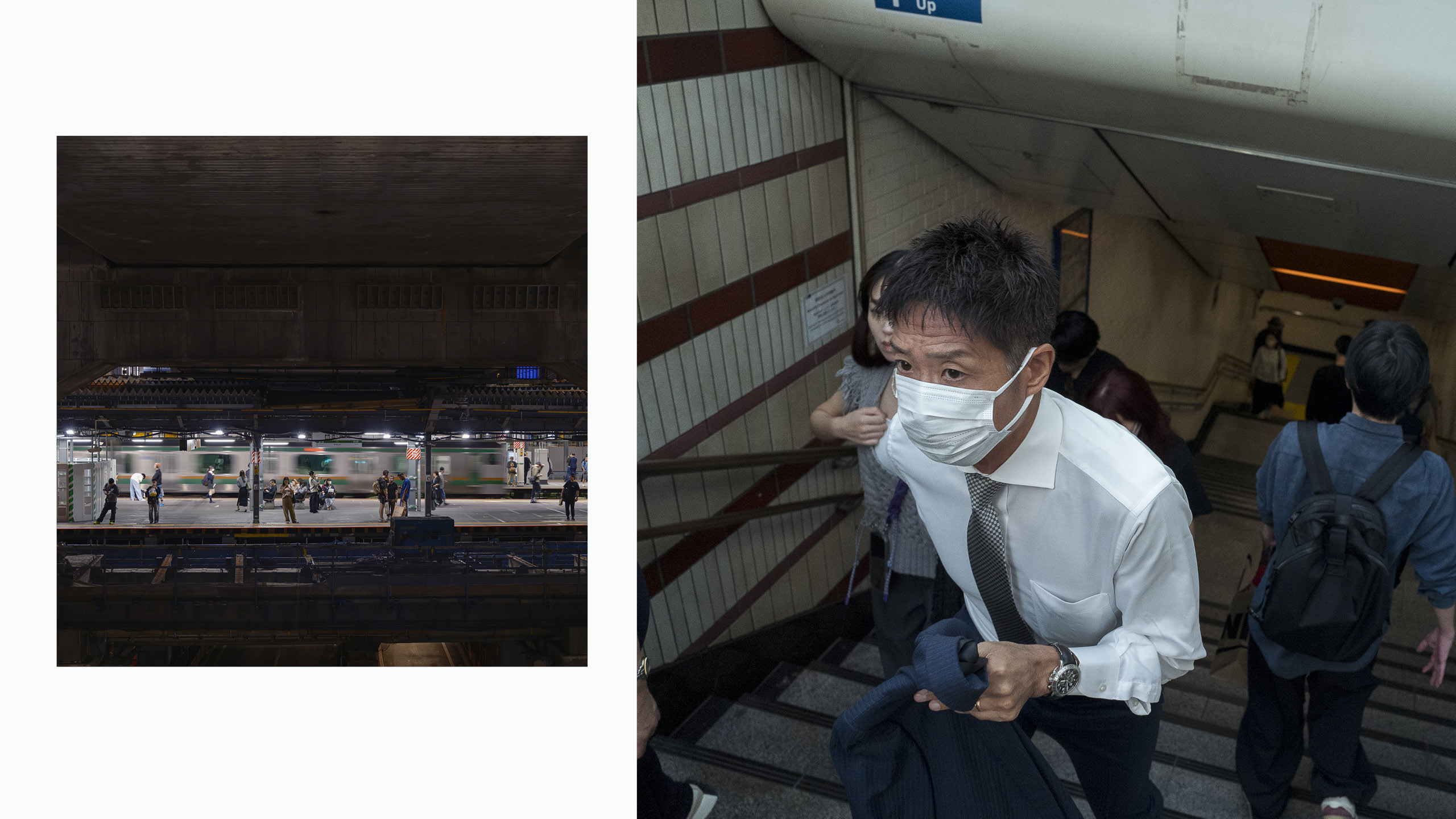 Scène urbaine japonaise avec homme masqué dans un escalier et quai de gare